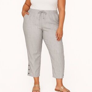 Royalty For Me Grey Cross Dye Linen Blend Pull-On Pants 3X Cropped Button Hem